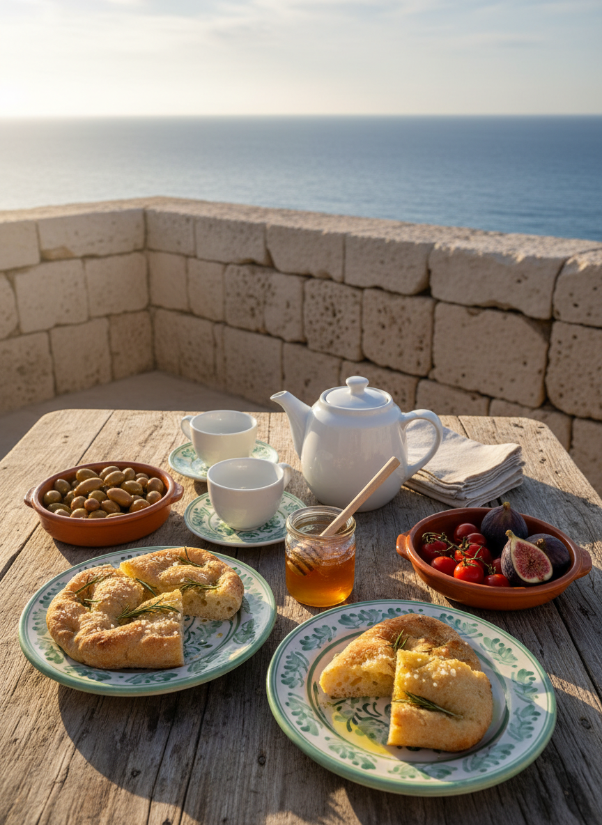 A beautifully arranged Mediterranean breakfast spread on a rustic wooden table at a coastal Puglian bed and breakfast. There are hand-painted ceramic plates with fresh focaccia, small bowls of local olives, ripe figs, and cherry tomatoes, alongside a glass jar of honey and a simple white teapot. In the background, a low stone parapet reveals a glimpse of deep blue Salento sea and pale sky. Early morning light pours in from the side, creating delicate highlights on the glossy ceramics and soft shadows between dishes. Photographic realism with a top-down, slightly angled composition, emphasizing textures, colors, and authenticity, evoking warmth, slow living, and coastal Italian charm.