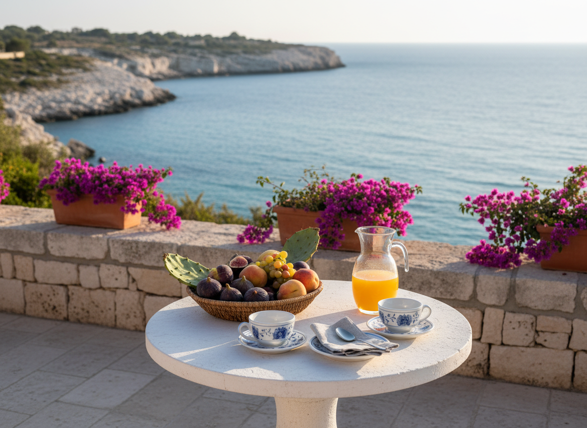 A charming seaside terrace of a Puglian bed and breakfast, featuring a small whitewashed stone table set with a woven basket of fresh local fruit, delicate ceramic cups, and a glass carafe of orange juice. The terrace overlooks a calm turquoise Adriatic sea and a rugged Salento coastline, framed by a low dry-stone wall and pots of blooming bougainvillea. Captured in warm golden hour light, the scene glows softly, with long gentle shadows and sparkling reflections on the water. Photographic realism from an eye-level perspective, using a shallow depth of field to keep the table in crisp focus while the sea and horizon melt into a dreamy, inviting blur, conveying pure relaxation and Mediterranean elegance.