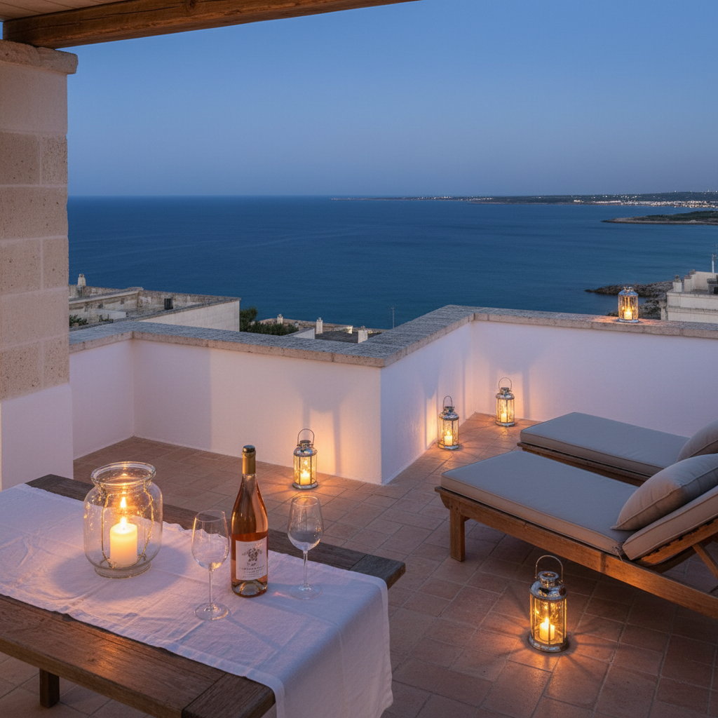 A panoramic rooftop terrace of a Puglian bed and breakfast, overlooking the sweeping Salento coastline at blue hour. Whitewashed low walls frame the terrace, where a simple wooden table with a linen runner holds a glass lantern, a bottle of local rosé, and two empty crystal glasses. Cushioned loungers in neutral tones face the sea, and a few lanterns cast a soft warm glow that contrasts with the deepening blue sky and shimmering reflections on the darkening water. Photographic realism, shot from a wide angle with the horizon following the rule of thirds, evoking tranquility, romance, and the quiet magic of an evening by the Mediterranean.