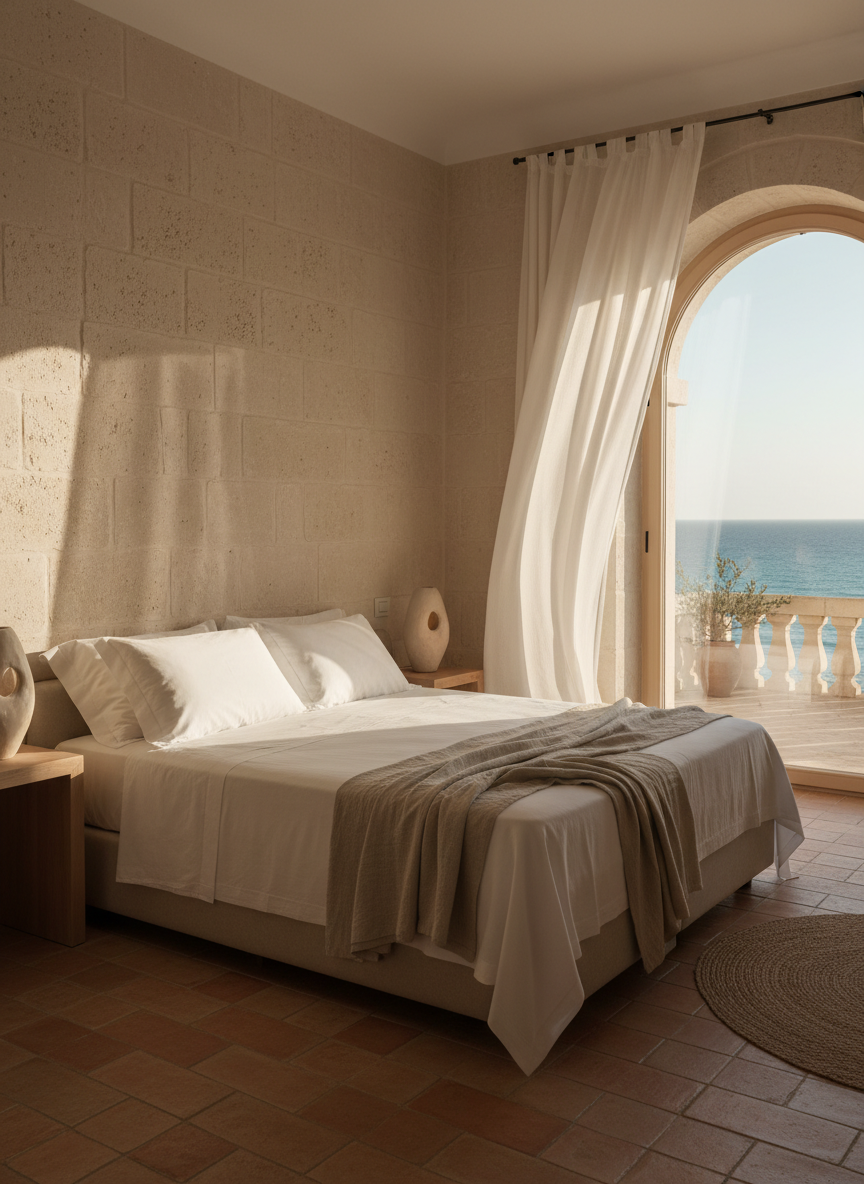 An elegant guest room in a seaside Puglian bed and breakfast, designed with soft neutral tones and natural textures. A large, neatly made bed with crisp white linen and a linen throw in sandy beige stands against a limestone wall, with handcrafted ceramic bedside lamps on simple wooden tables. A wide window opens onto a balcony with a distant view of the Salento sea, sheer curtains gently billowing inward. Soft afternoon sunlight filters through, creating a warm, welcoming glow and subtle shadows on the floor tiles. Photographic realism, shot from a slightly elevated corner angle with balanced composition, highlighting comfort, understated luxury, and meticulous attention to detail.